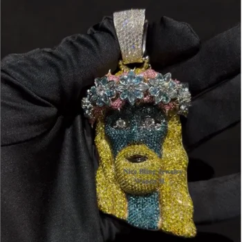 Hip hop jewelry chain fully pave set blue yellow nano gems custom iced out pendants flower crown new Jesus piece pendant