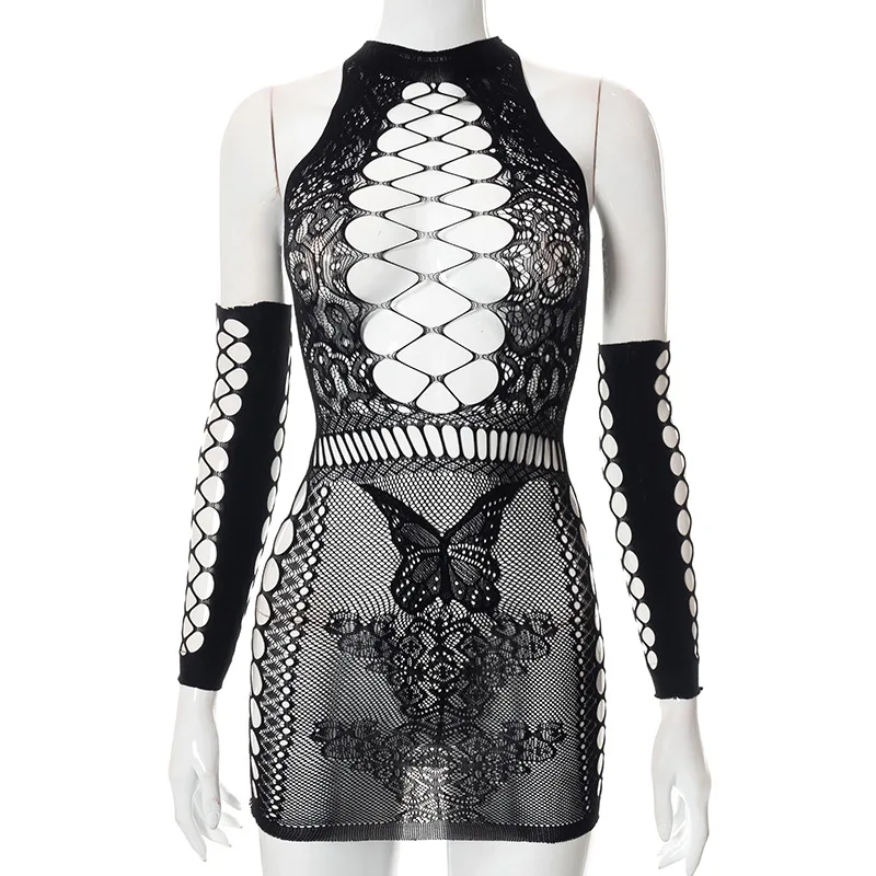 Cut Out Sexy Mesh Transparent Women's Mini Dress for Beach Holiday Night  Club Party Bodycon Long Sleeve Short Dresses