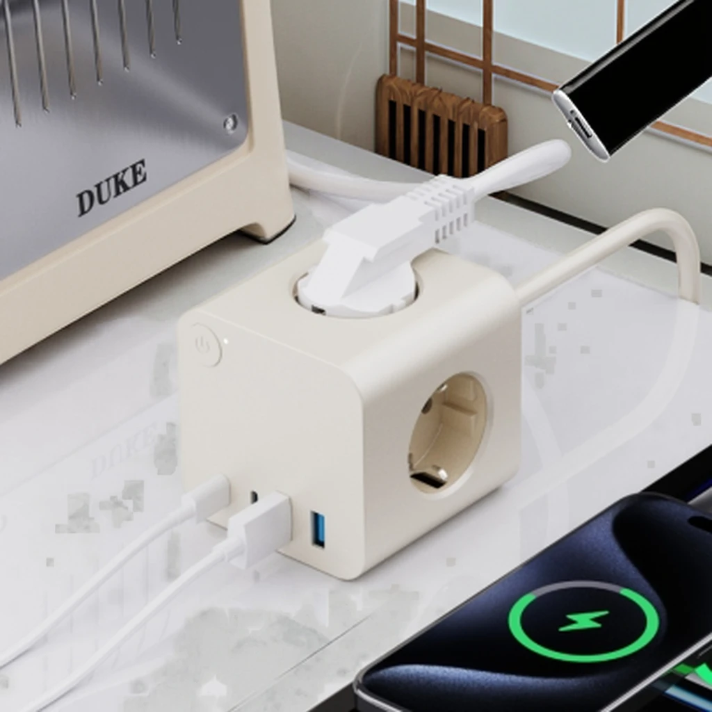 KC Portable Cube Power Socket EU Standard Smart Plug with 3 AC Outlets 2 USB and 2 TYPE-C 16A Rated Current 1.4M Cable