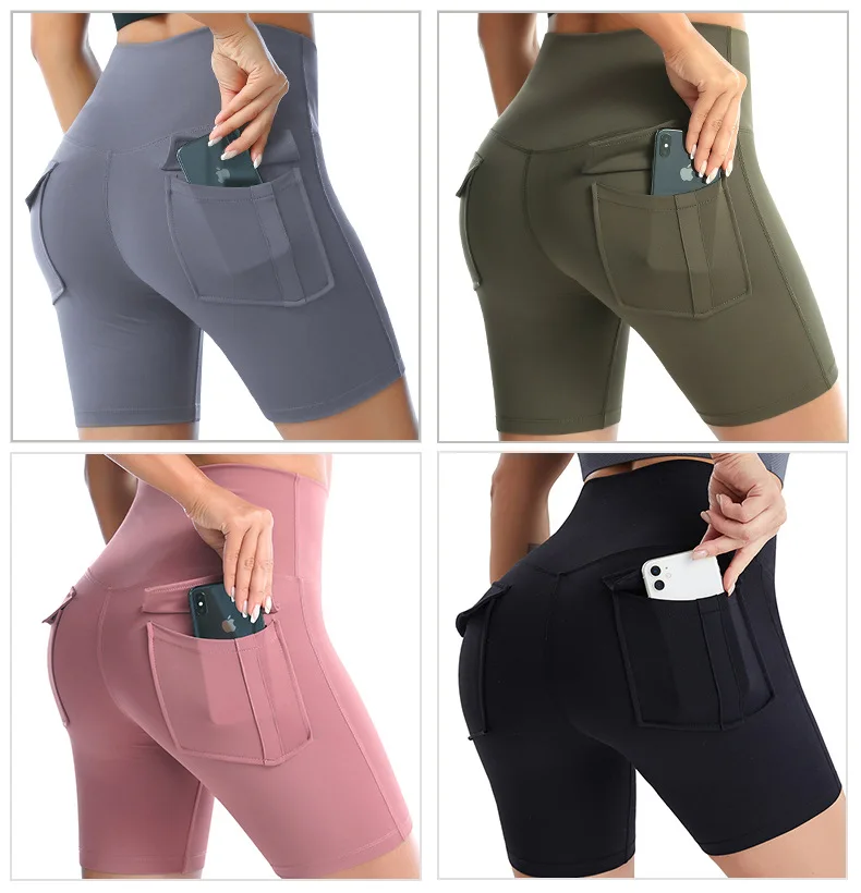 New women's yoga shorts High waist tight butt lift double pockets quick dry workout yoga shorts 2 Piece Crop Top Biker Short Set factory