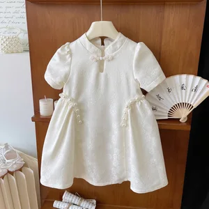 Summer Short Sleeve Princess Dresses for Girls Chinese Style Clothes for Kids Floral Pattern Appliques for Children
