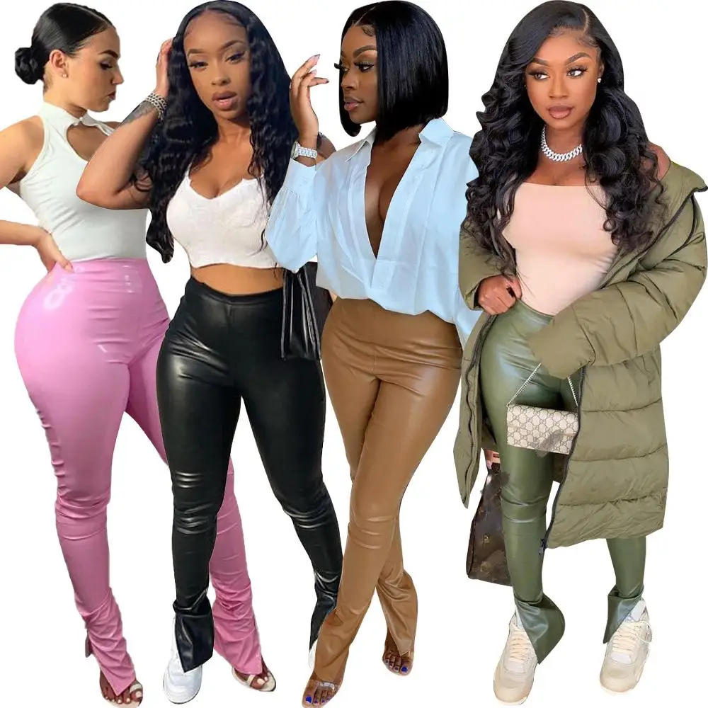 Side Split Leather Pants Women 