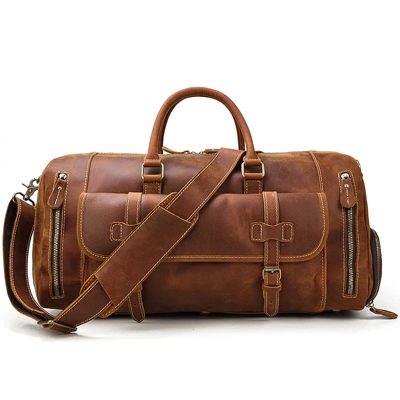 Retro Crazy Horse Skin Travel Bag Men's leather handbag One Shoulder Oblique Span Bag with shoe bit cowhide duffel bag