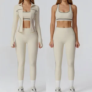 Hot Sale Sportswear Running Fitness Yoga Clothes Breathable Gym Sets With Full Zipper Jacket 3 Pcs Yoga Set for Women