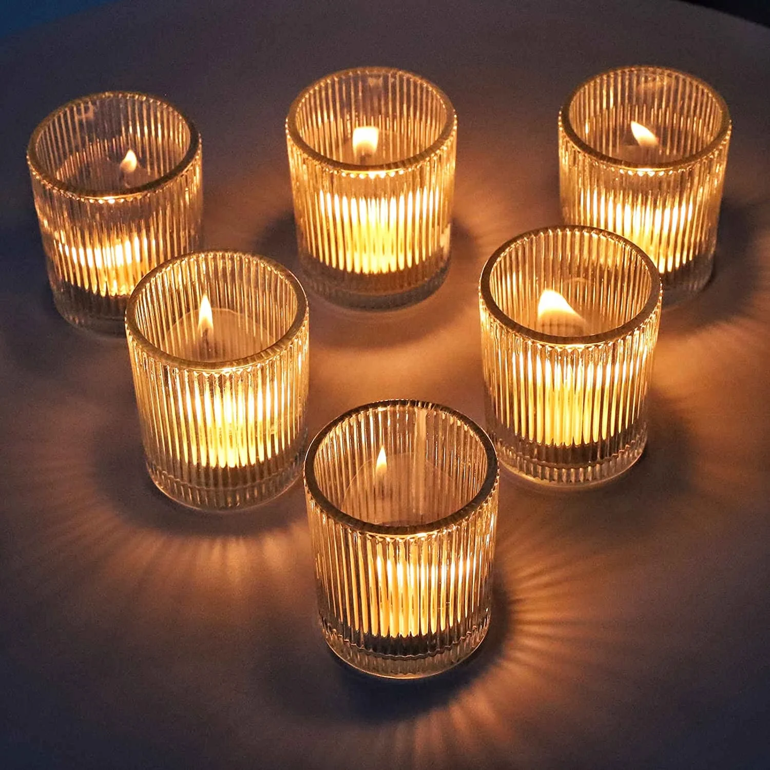 3 Ounce Retro Small Cylinder Vertical Stripe Ribbed Glass Candle Holder Votive Wax Jar for Tealight