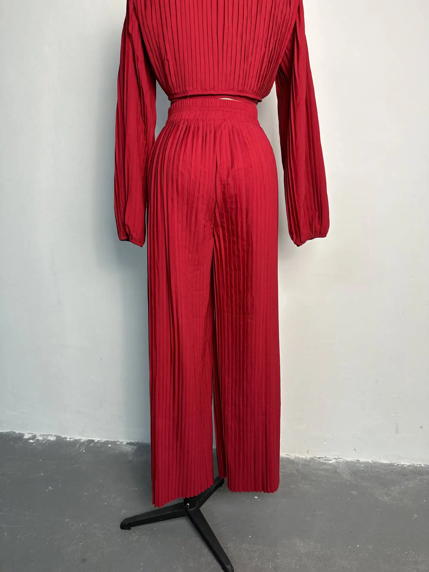 Pleated Button Up Shirt and Wide-Leg Pants Set