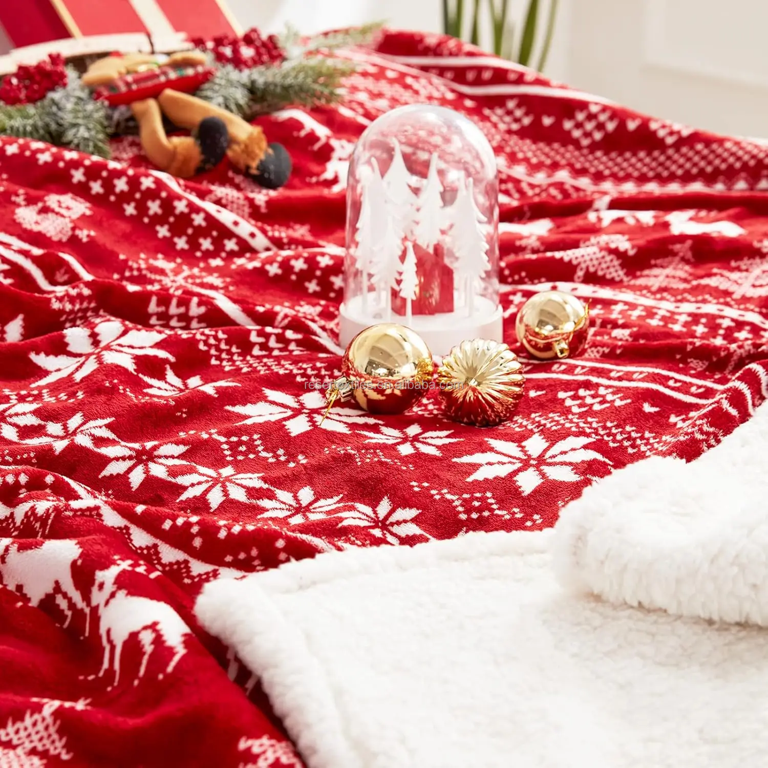 Sherpa Christmas Modern Knitted Throw Blanket 50" X 60" 100% Polyester Four Seasons Soft Cozy with Reindeer Design