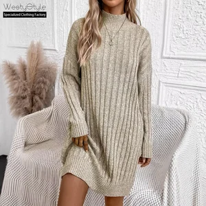 2026 Autumn Winter Collection Women's Casual Turtleneck Long-Sleeve A-line Dress Digital Printing Natural Waist Plain Dyed