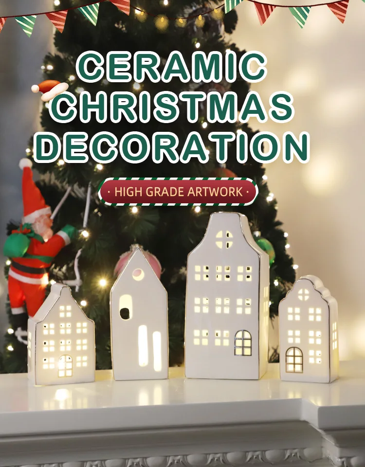 Winter White Glazed Porcelain Holiday Tabletop Figurines Led Ceramic House Christmas Ornament factory