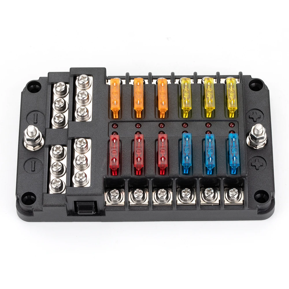 Miniduino 12-Way Blade Fuse Box With LED Indicators - Waterproof For Auto, Marine, Boat - 12V