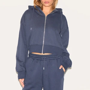 Manufacturer One Stop  100% Cotton Heavyweight Hoodies Zip up Women Solid Color  Terry Cropped Hoodie