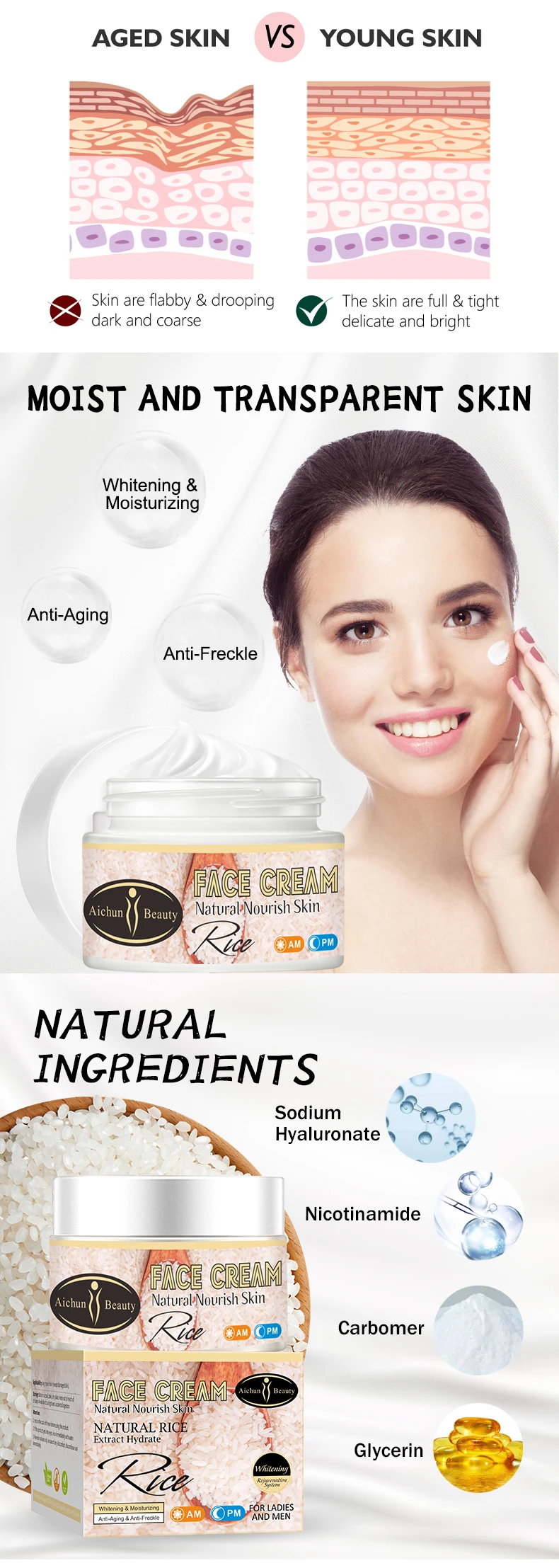 Aichun Beauty Moisturizing Face Cream Organic Rice Whitening Anti-aging Repair Day and Night Cream for Face