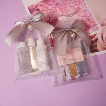 Cosmetic Packing Bag Drawstring Organza Pouch with Ribbon Bow and Pearl