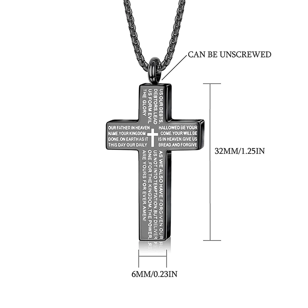 Cross Lords Prayer Pendant Necklace Stainless Steel In Black silver color Male Choker Cremation Urn jewelry for Memorial