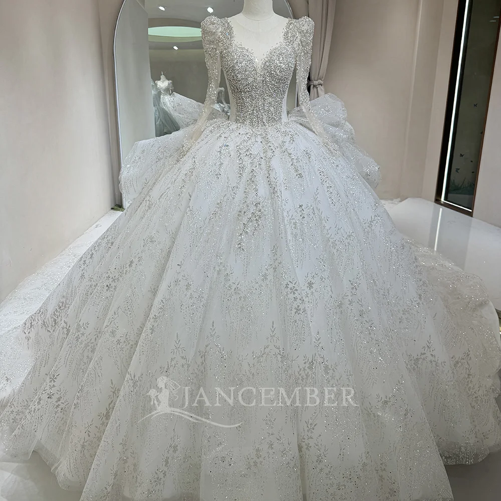 For Jancember Women's Modern Royal Wedding Dress DW0106 Crystal Traditional Diamond Long Sleeve Chapel Train Bridal Ball Gown La For Jancember Women's Modern Royal Wedding Dress DW0106 Crystal Traditional Diamond Long Sleeve Chapel Train Bridal Ball Gown La