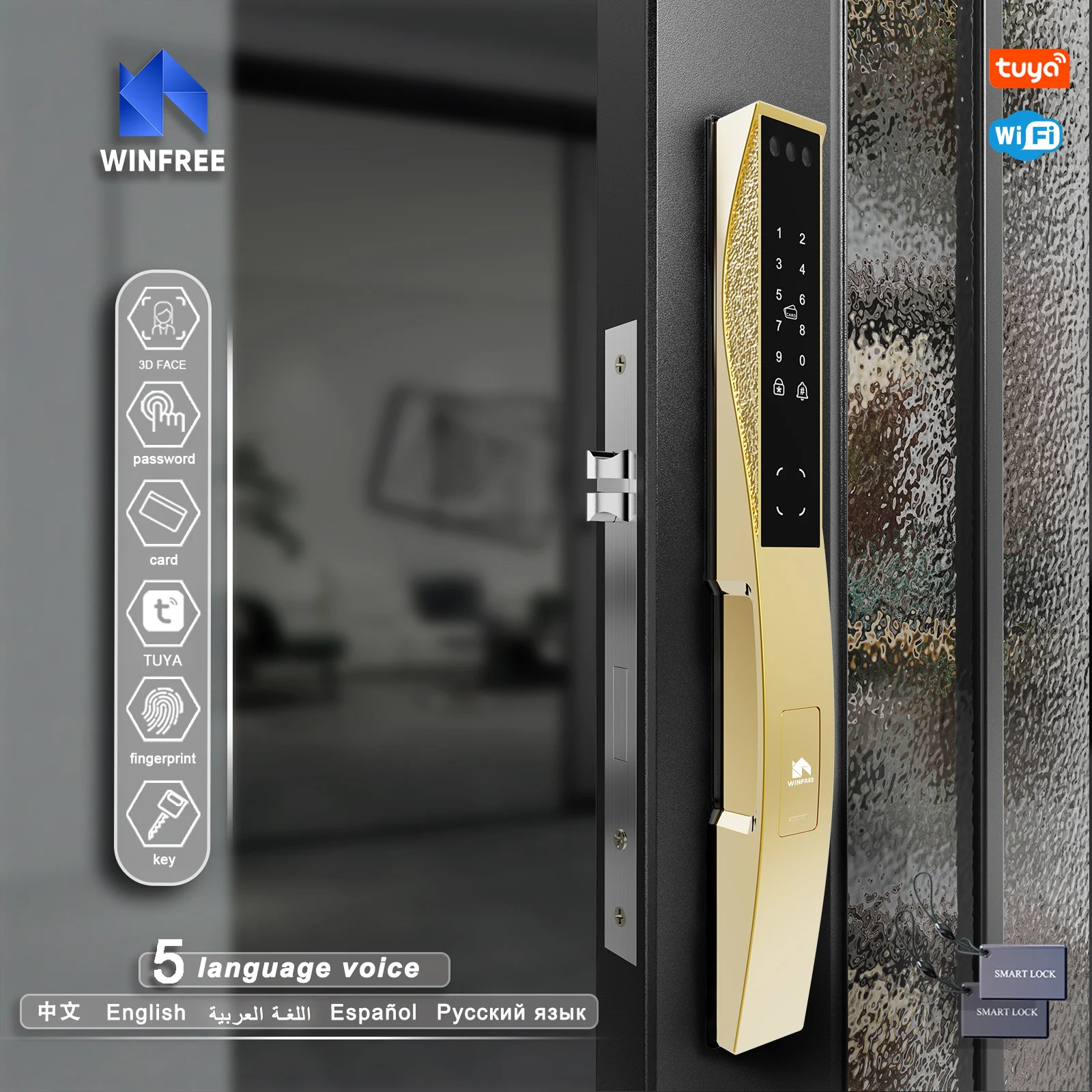 Slim Home Slide Door Digital Lock Fingerprint 3D Face Recognition Smart Lock Gold with Camera for Glass Door