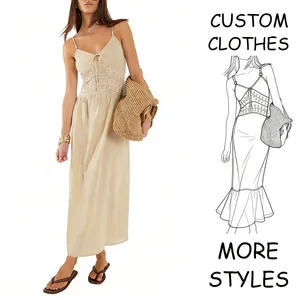 New Fashion Custom Clothing Manufacturers Linen Ruched Bust Lady Halter Sleeveless Elegant Maxi Dresses Women Casual Pockets