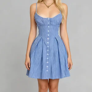 Custom High Quality  Summer Elegant Spaghetti Strap A-Line Mini Backless Asymmetric Striped Casual Women's Dress