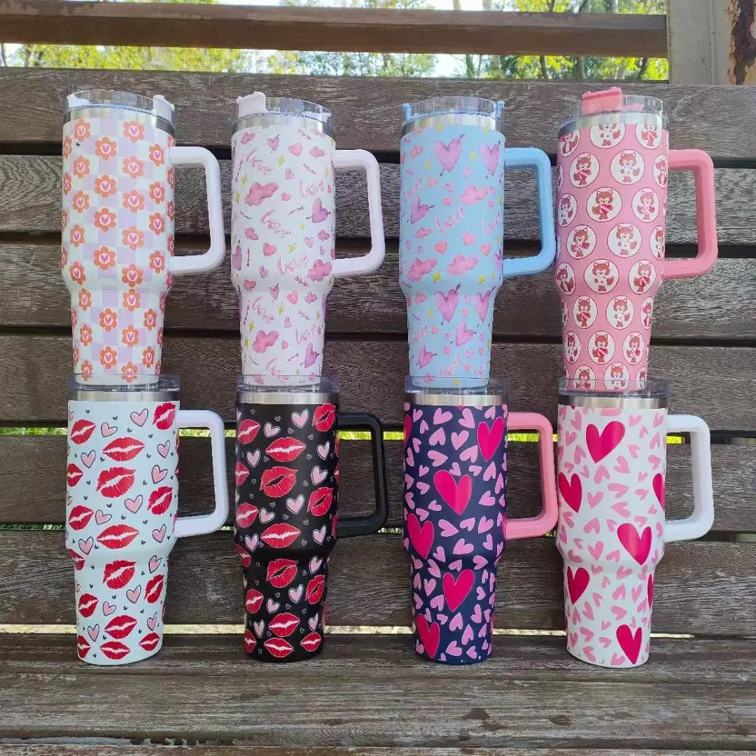 40oz Valentine's Day Patterned Water Bottle Insulated Cup with Handle Tumbler Cup Coffee Cup Mug ...