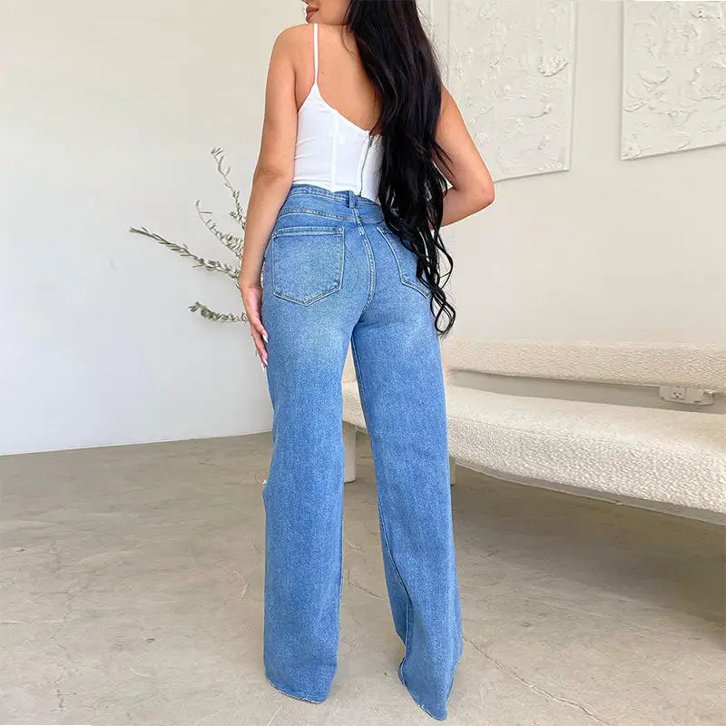 Manufacturer's Direct Selling Top Products 2024 Fashionable Comfortable Versatile Ripped Jeans Women High Waist Wide Leg Pants