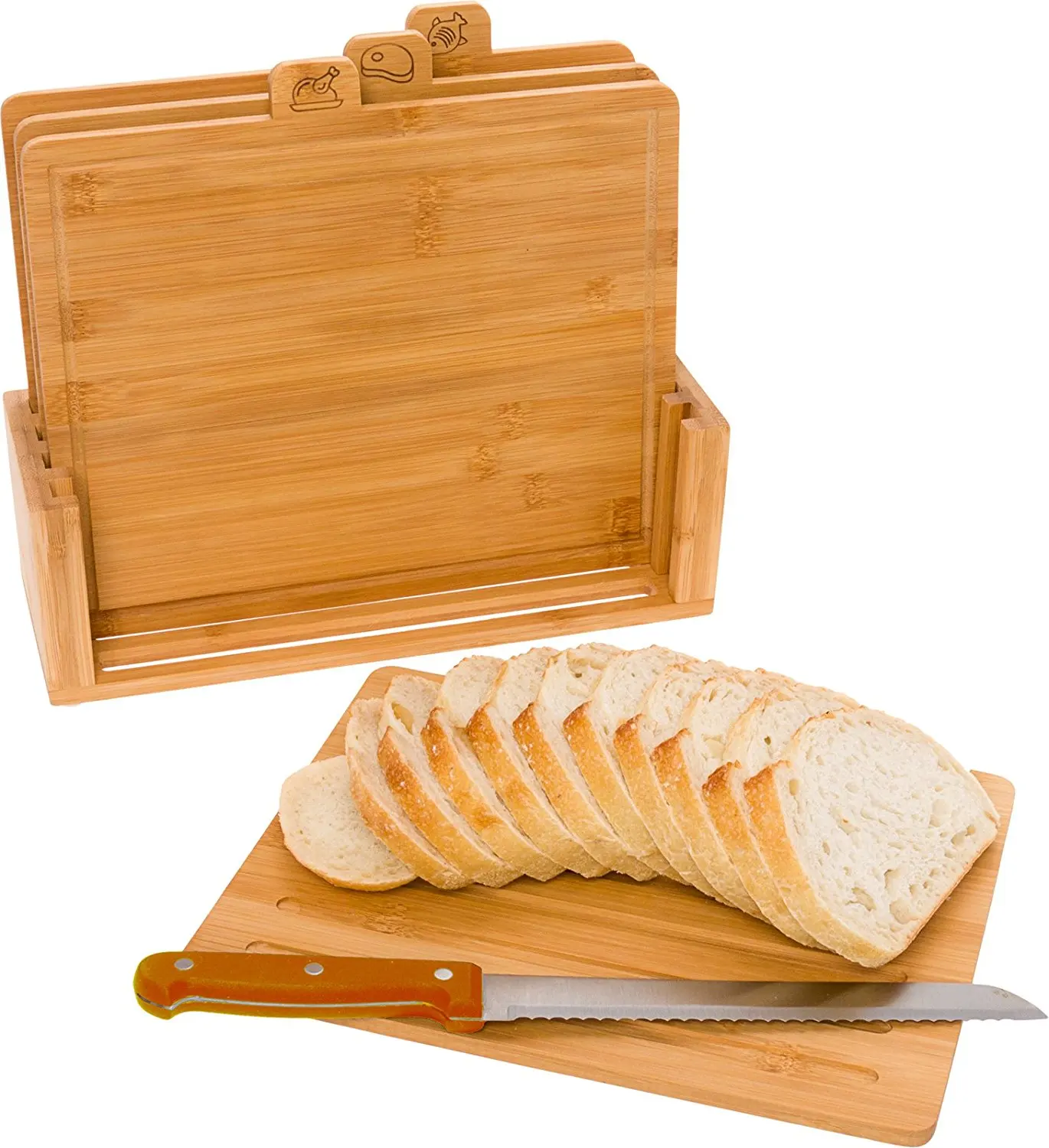 Bamboo Index Chopping Boards 4 Pieces Chopping Board With Stand For Bread Meat Vegetables And Fish
