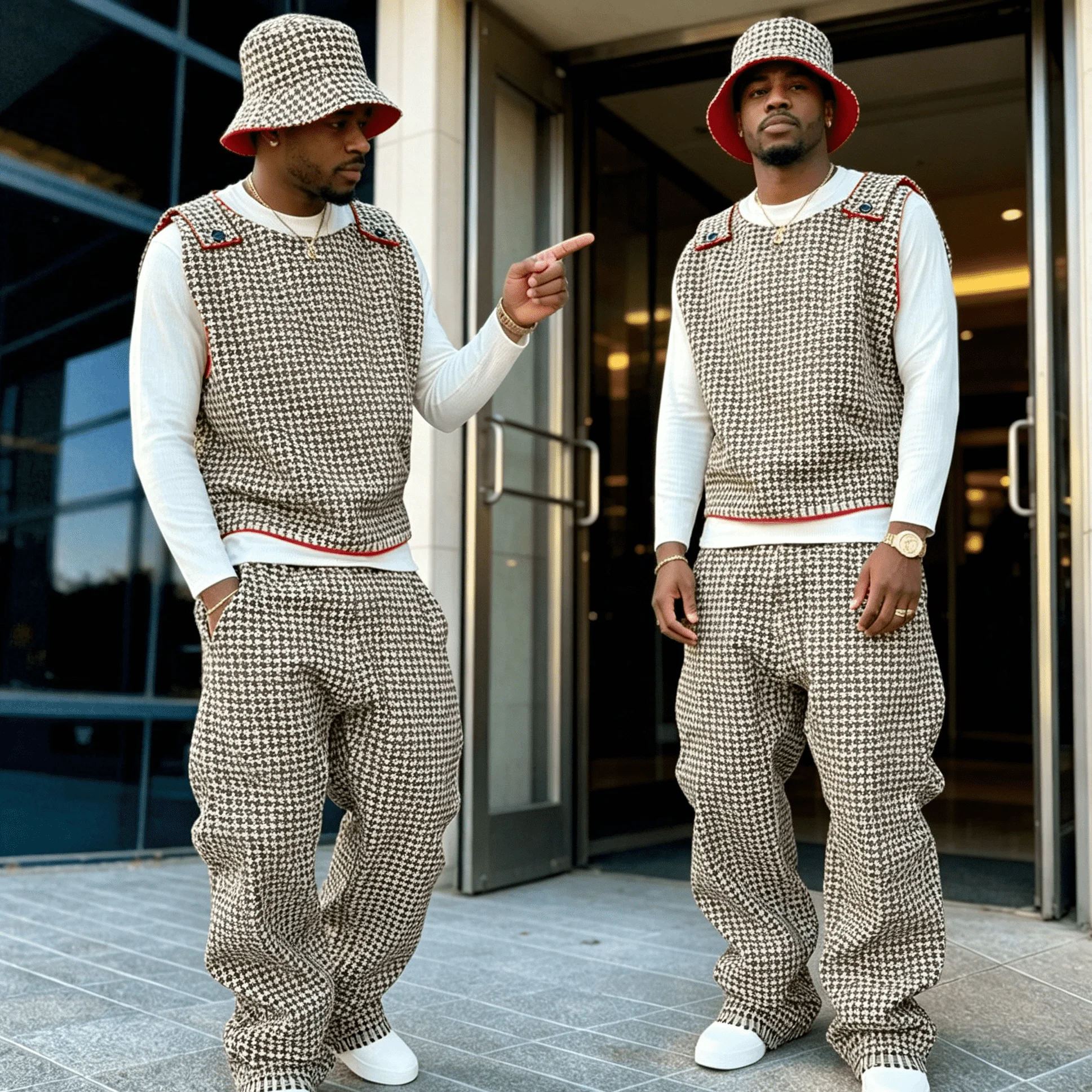 Custom Logo Y2K Urban Fashion Houndstooth Sleeveless Vest Loose Baggy Pants Two Piece Matching Tracksuit Streetwear for Men gallery 7