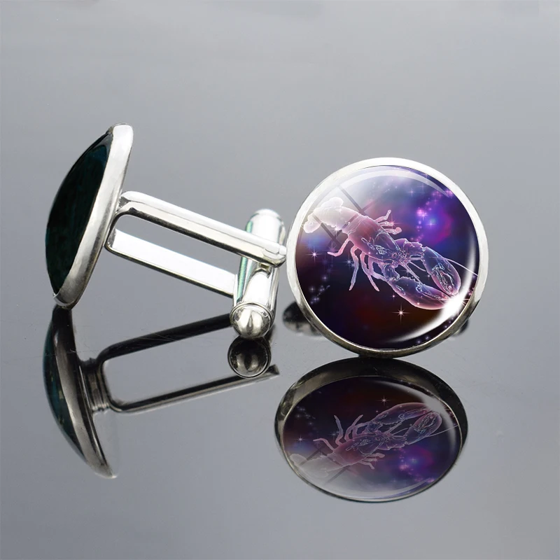 Новые высококачественные запонки с 12 созвездиями, запонки с 12 знаками Зодиака, запонки со стеклянным кабошоном из сплава для мужчин, подарки на день рождения
