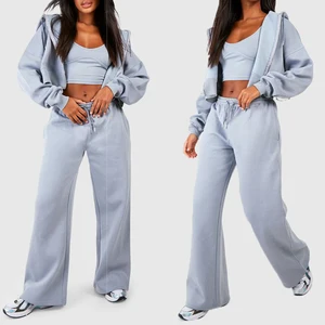 Custom Womens Activewear Casual Loose Two Piece Jackets Tracksuits Crop Zipper Hoodie Wide Leg Pants Sports Hoodies Set