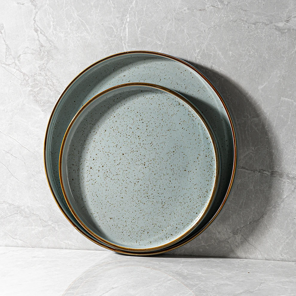 JiuJiuJu Scandinavian Style Speckled Matte Grey Ceramic Plate Rustic Nordic Design for Restaurant Hotel Porcelcain Plate Speckle