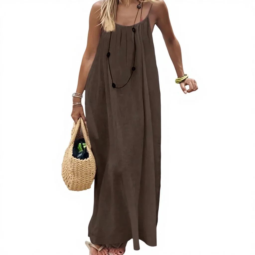 2026 Cross-border New Womens Strap Loose Casual Summer Long Backless O-Neck Dress High-End Elegant Polyester Spandex Knitted