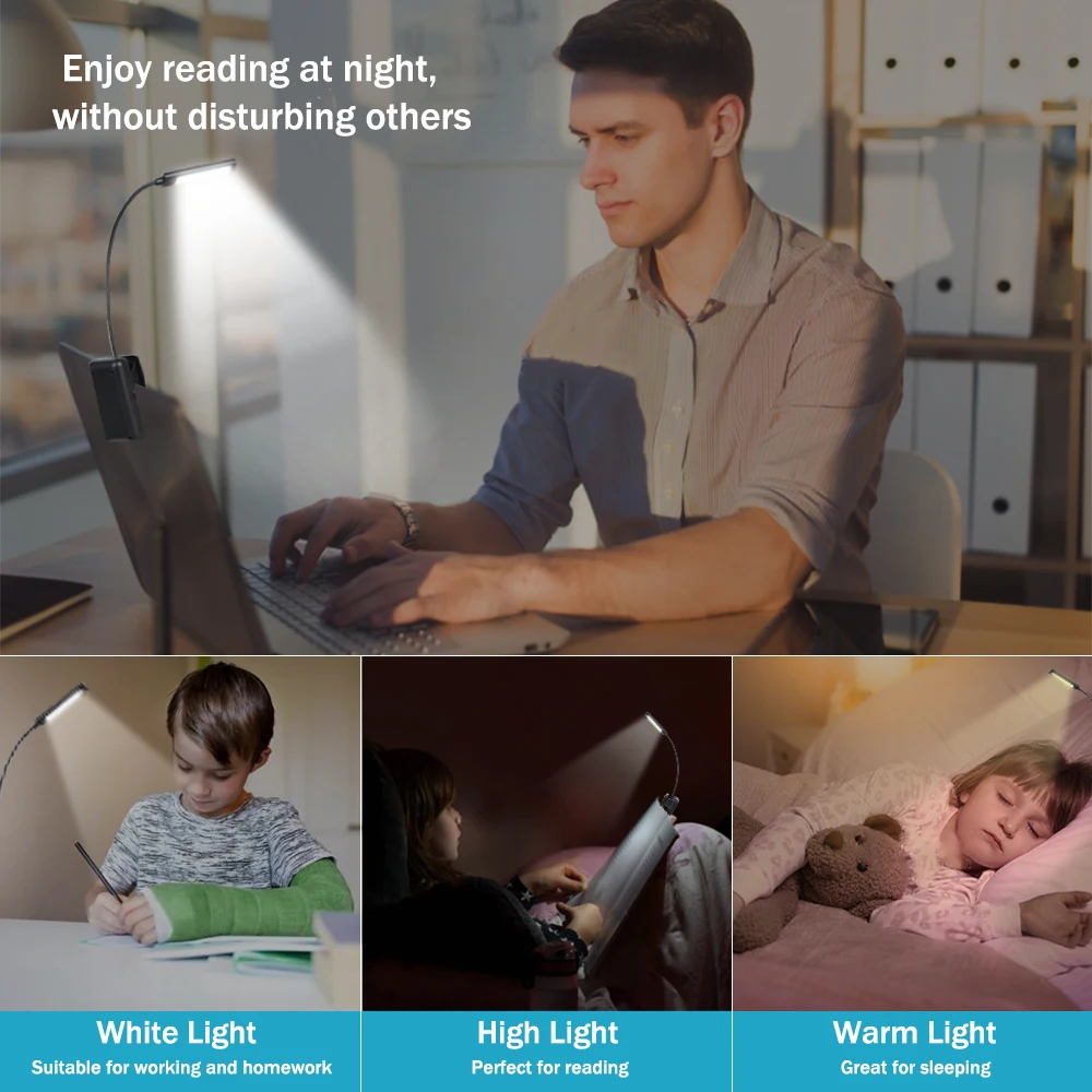 Светодиодная лампа для чтения с зажимом, 3 уровня яркости