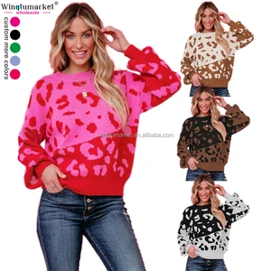 Wholesale Winter Knit Sweater Jumper Warm Cozy Long Sleeve Leopard  Knitted Sweaters for Women