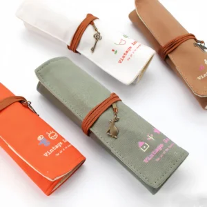 Student Retro Canvas Pencil Case Stationery Bag with Pen Holder for School Use