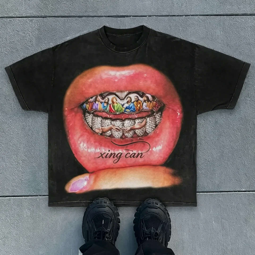 Billigt sommer-T-shirt til mænd, amerikansk vintage-vasket overdrejet model, individuelt tilpasseligt med strasssten, håndtryk og let vasket retro-udformning