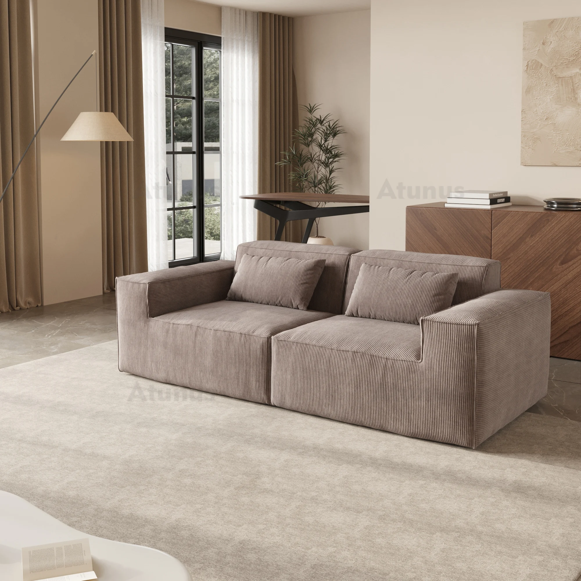 ATUNUS French Brown Compress in Stock White L Shape Sofa 4 Seater  Modular Sectional Sofa Corduroy Fabric Living Room Couch Set