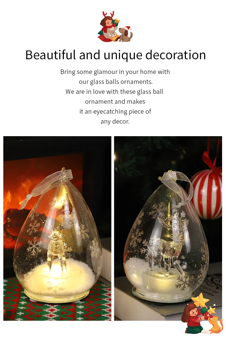 Custom xmas reindeer scene water drop shape led lighted up blown glass egg christmas tree hanging elk baubles ball ornaments supplier