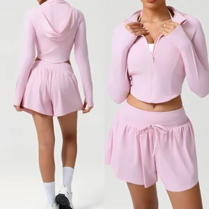 Custom Logo Women's Long Sleeve Hooded Jacket Fitness Suit High Waist Sports Shorts Gym 2 Pieces Yoga Set for Women