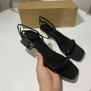 QuiteS New Summer Sexy Office Work Heels Casual Elegant Low Heel Women's Shoes Square Head Metal Thick Heel Buckle Sandals
