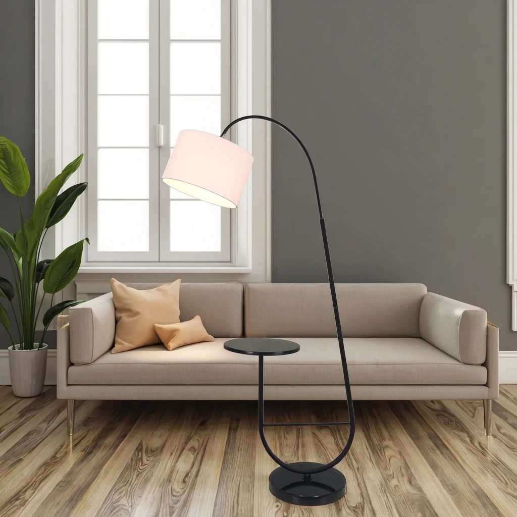 Coastal Design Gooseneck Floor Lamp Iron Body E27 Base LED Light Source Fabric Shade for Comfort for Home Office Apartment Hotel
