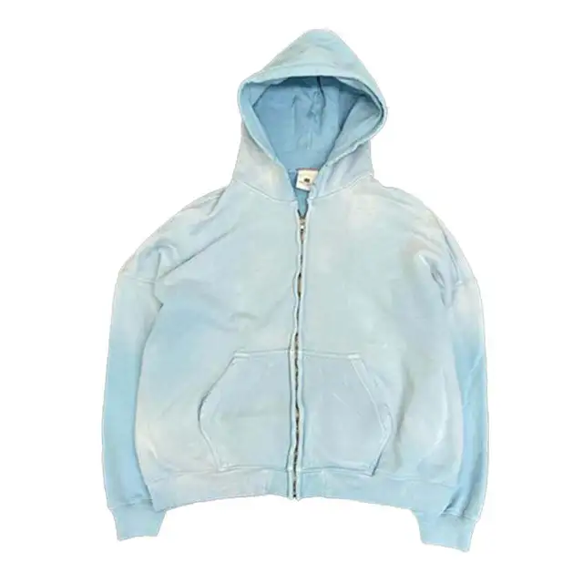 High Quality Light Blue AcidStone Washed Distressed Hoodie Oversized Heavyweight Cotton Tie Dye Full Zip Up Vintage Mens Hoodies