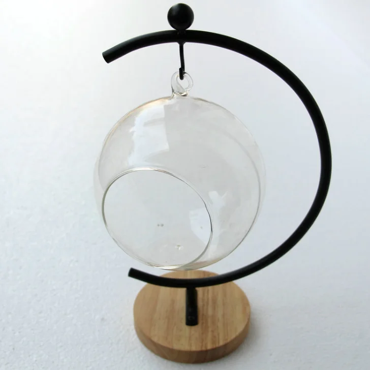 Modern Design Glass Globe Terrarium Ornament with Metal Stand for Tabletop Vase Display