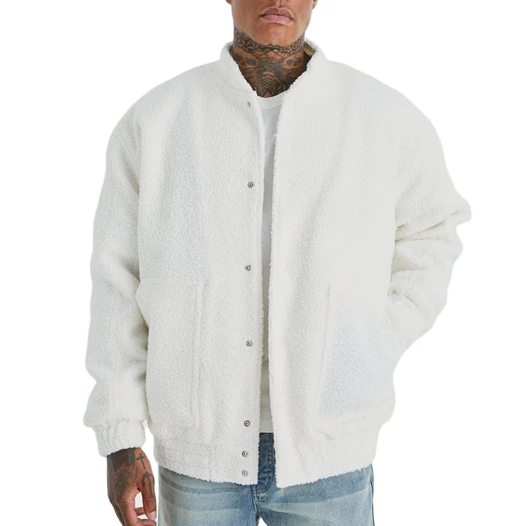 Winter Custom Long Sleeve Blank Fleece Warm Heavy Boucle Textured Sherpa Bomber Men Outdoor Jacket_voghion.com