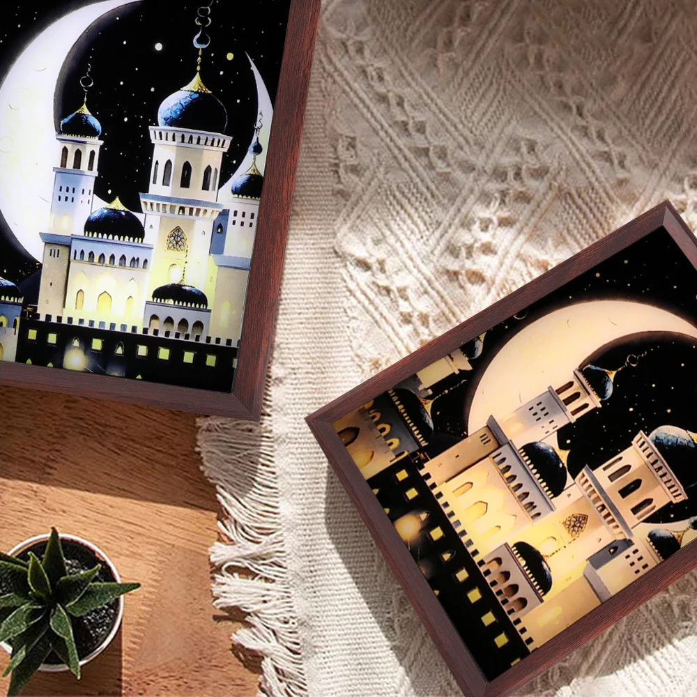 Fashionable Wooden Frame 3D Visual Muslim Islamic Architecture Luminous Bedroom Desktop Display Birthday Gift