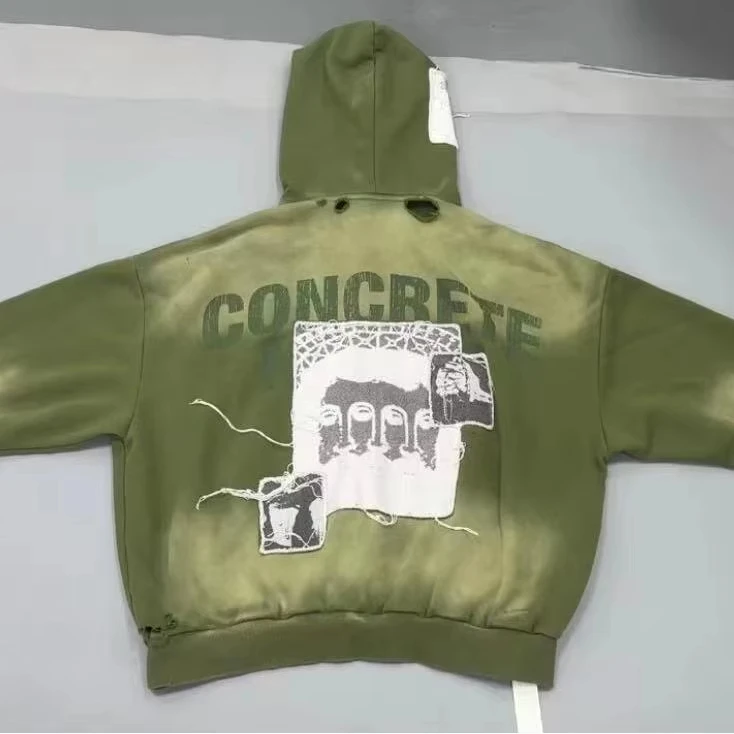 100%cotton Oversized Acid Stone Washed Heavyweight French Terry 500 Gsm Distresed Patch Men Vintage Hoodies gallery 2