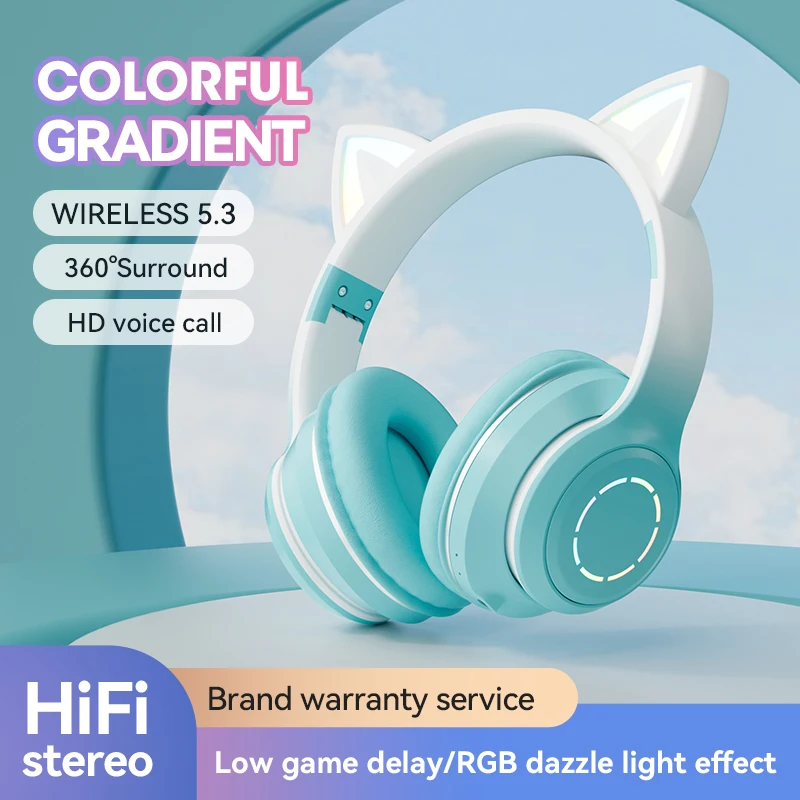 New 2023 Electronics ST89  Pink LED Cat Ear Headphones Wireless Bt Earphone Earbuds Over Ear Headset for Kids Gift