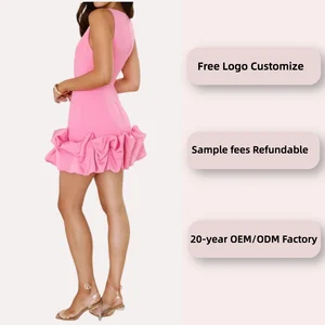 Elegant Mini Summer Dress for Women Casual Sweet Style Zipper Natural Waistline Crepe Detailed Hem Ruffles Washable Solid