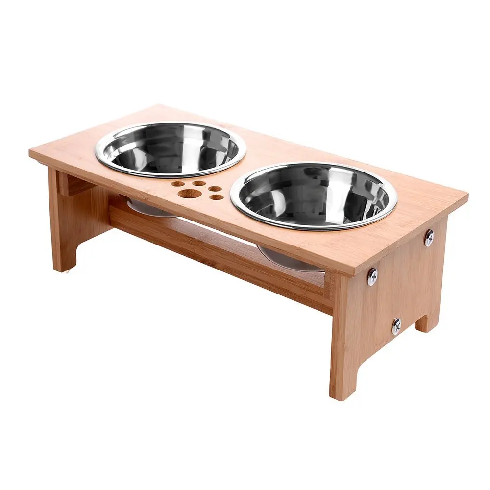 Elevated Puppy Food and Water Bowls Set Raised Cat Food Bowls Pet Bowls with Bamboo Stand