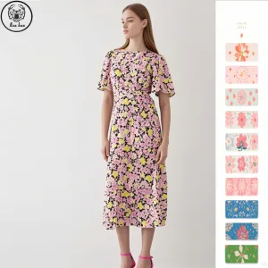 2026 Summer New Style Wholesale Pink Floral Flutter Sleeve Shirred Waist Daily Chic Midi Women Dress