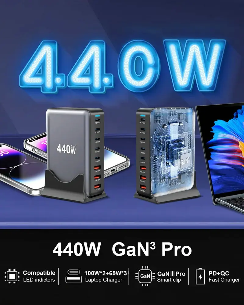 440W GaN台式充电器8端口USB C型PD 100W快速集线器充电器3.0 USB C型手机440W USB电源充电器站
