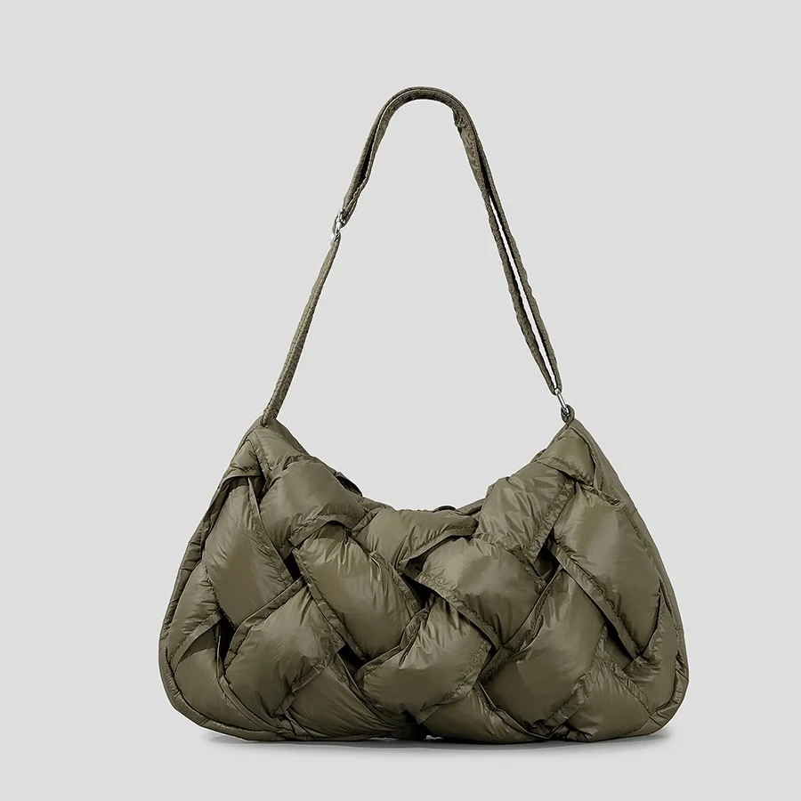 NAARIIAN Olive Green Puffer Shoulder Bag - Woven Nylon Crossbody Purse For Women, Small Size, Detachable Strap